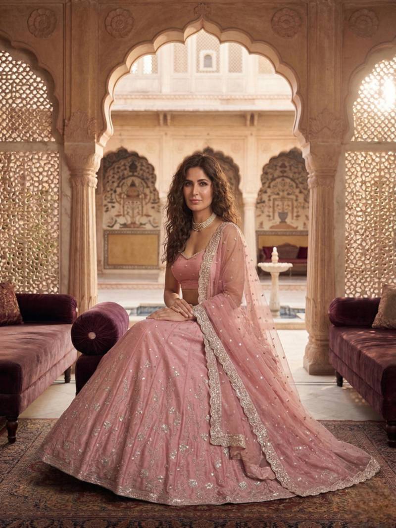 pink satin embroidered designer lehenga-choli