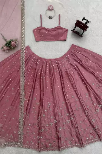 pink satin embroidered designer lehenga-choli