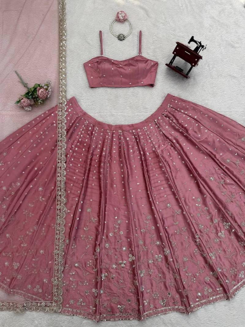 pink satin embroidered designer lehenga-choli