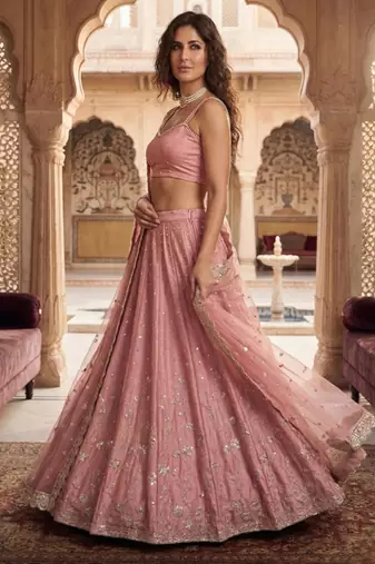 pink satin embroidered designer lehenga-choli