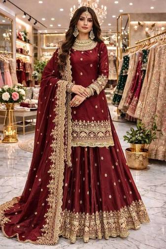 maroon silk embroidered designer lehenga-choli