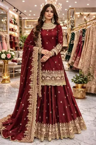 maroon silk embroidered designer lehenga-choli