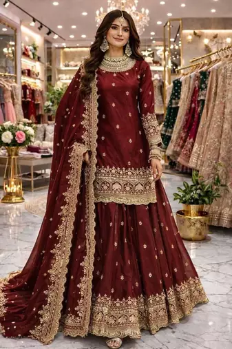 maroon silk embroidered designer lehenga-choli