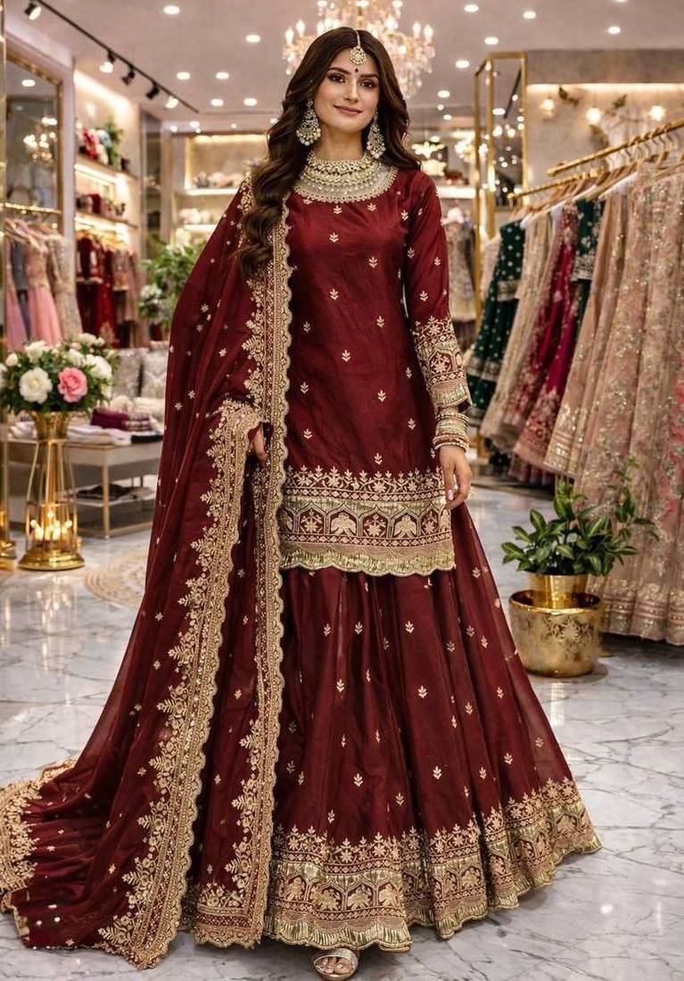 maroon silk embroidered designer lehenga-choli