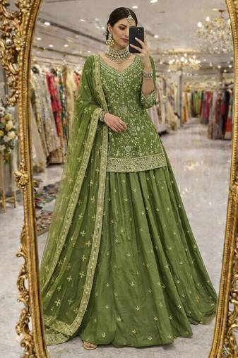 green silk embroidered designer lehenga-choli