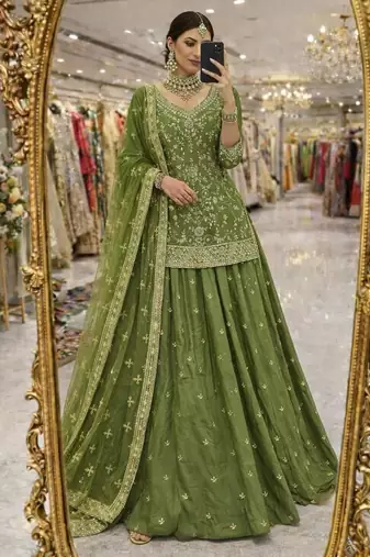 green silk embroidered designer lehenga-choli