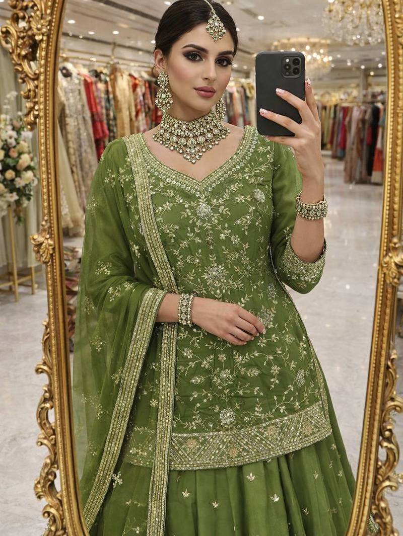 green silk embroidered designer lehenga-choli