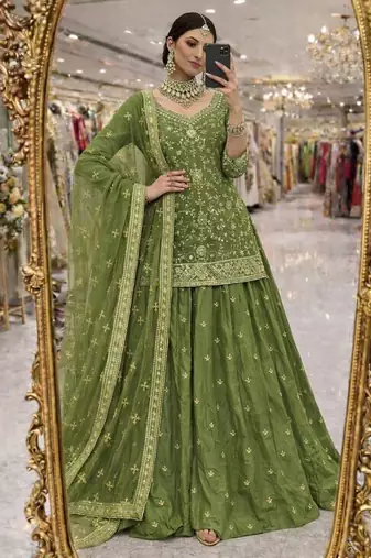 green silk embroidered designer lehenga-choli