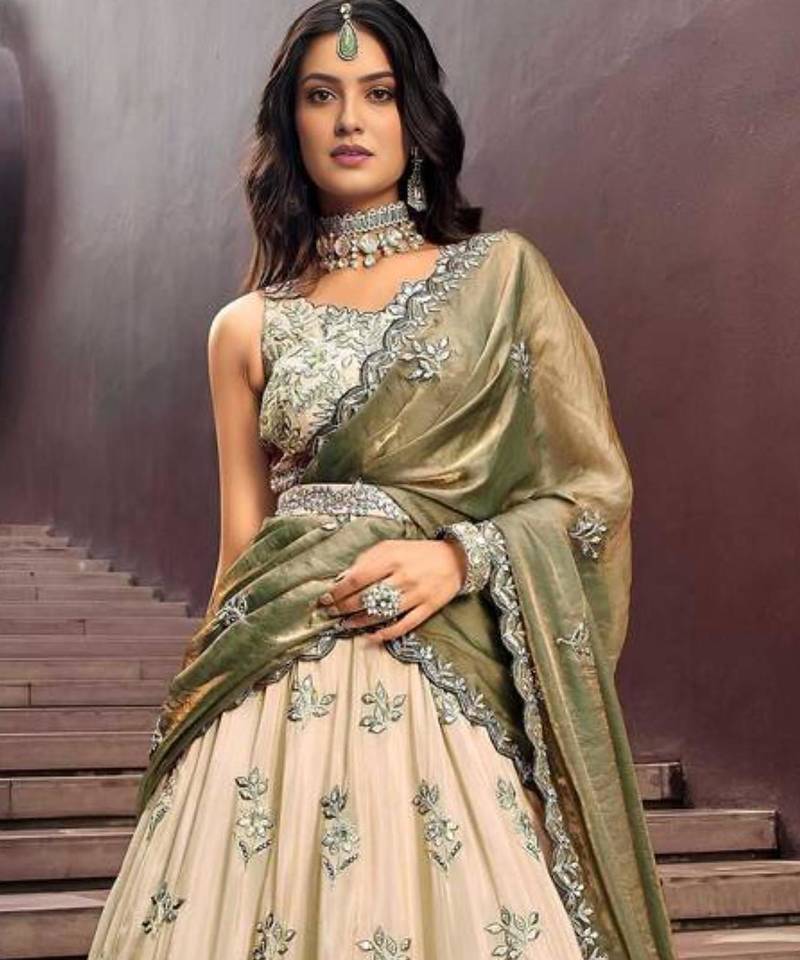 off white silk embroidered designer lehenga-choli