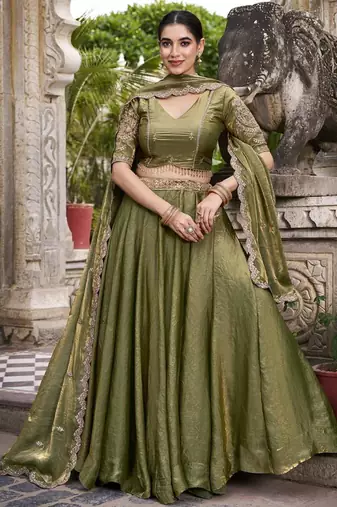 olive silk embroidered designer lehenga-choli