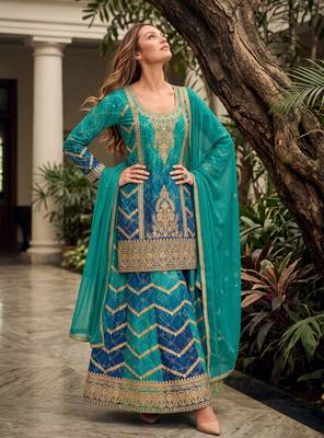 Teal blue premium chinon embroidered kurta palazzo set with dupatta 1