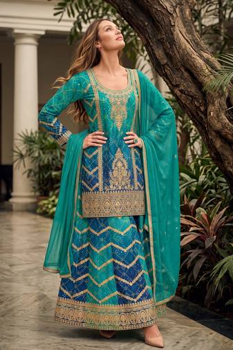 Teal blue premium chinon embroidered kurta palazzo set with dupatta