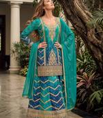 Teal blue premium chinon embroidered kurta palazzo set with dupatta
