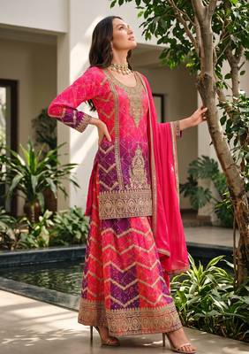 Pink premium chinon embroidered kurta palazzo set with dupatta 1
