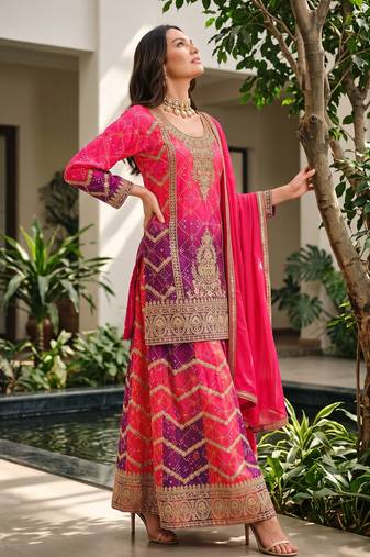 Pink premium chinon embroidered kurta palazzo set with dupatta