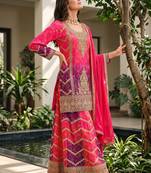 Pink premium chinon embroidered kurta palazzo set with dupatta