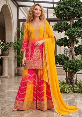 Yellow premium chinon embroidered kurta palazzo set with dupatta 1