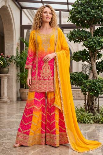 Yellow premium chinon embroidered kurta palazzo set with dupatta