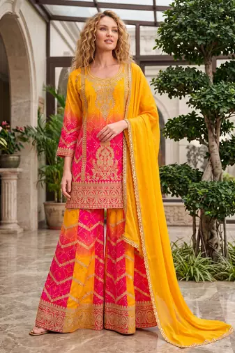 Yellow premium chinon embroidered kurta palazzo set with dupatta
