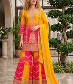 Yellow premium chinon embroidered kurta palazzo set with dupatta