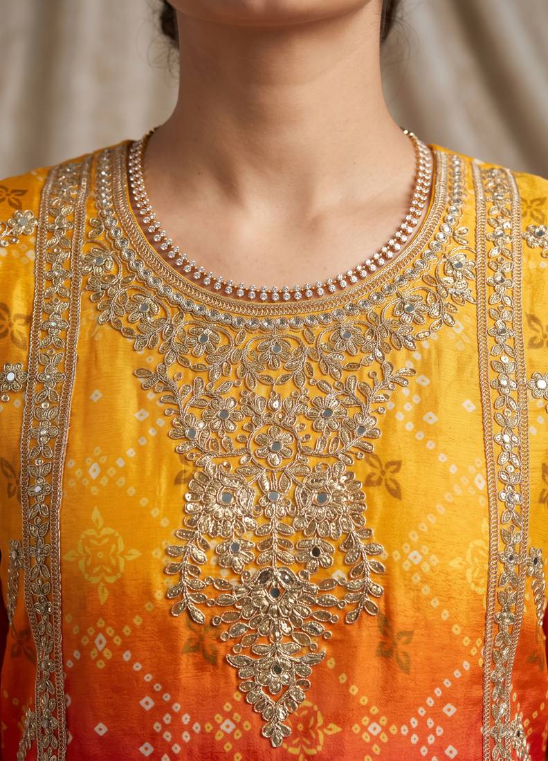 Yellow premium chinon embroidered kurta palazzo set with dupatta