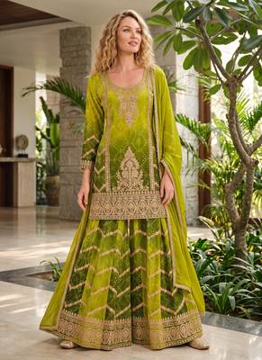 Green premium chinon embroidered kurta palazzo set with dupatta 1