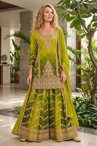 Green premium chinon embroidered kurta palazzo set with dupatta