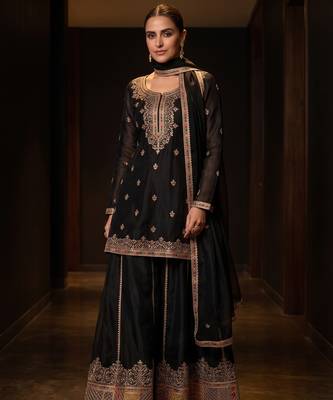 Black premium chinon embroidered sharara suit with dupatta 1