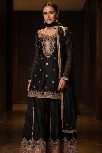 Black premium chinon embroidered sharara suit with dupatta