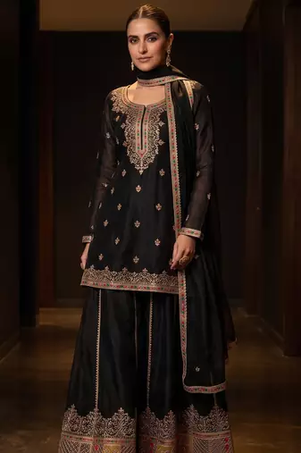 Black premium chinon embroidered sharara suit with dupatta