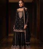 Black premium chinon embroidered sharara suit with dupatta