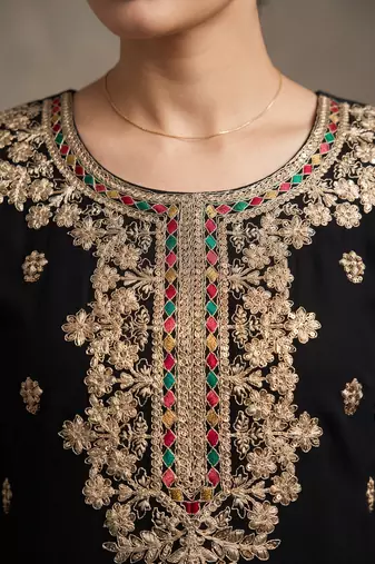 Black premium chinon embroidered sharara suit with dupatta