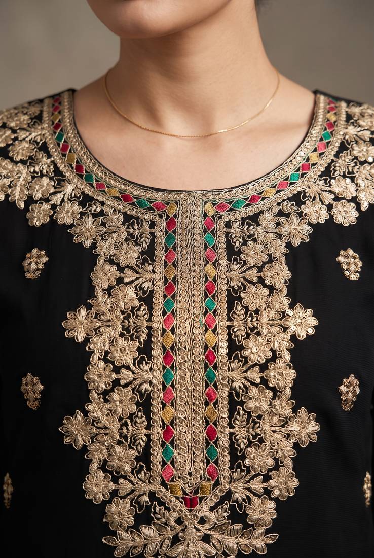 Black premium chinon embroidered sharara suit with dupatta