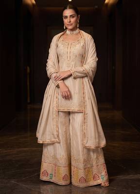 Cream premium chinon embroidered sharara suit with dupatta 1