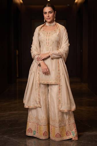 Cream premium chinon embroidered sharara suit with dupatta