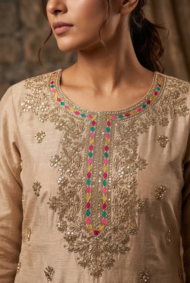 Cream premium chinon embroidered sharara suit with dupatta
