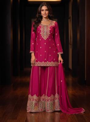 Rani pink premium chinon embroidered sharara suit with dupatta 1