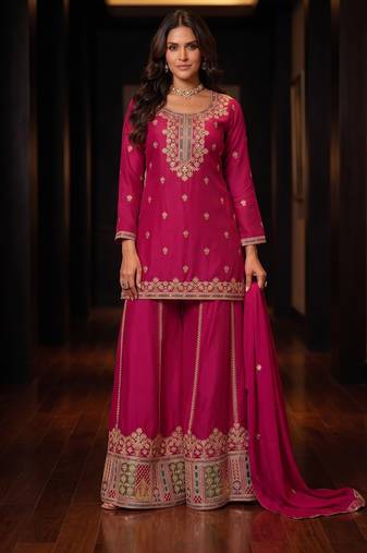 Rani pink premium chinon embroidered sharara suit with dupatta