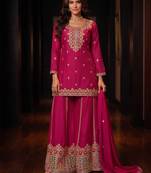 Rani pink premium chinon embroidered sharara suit with dupatta