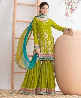 Green airtex chinon embroidered palazzo suit with dupatta 1
