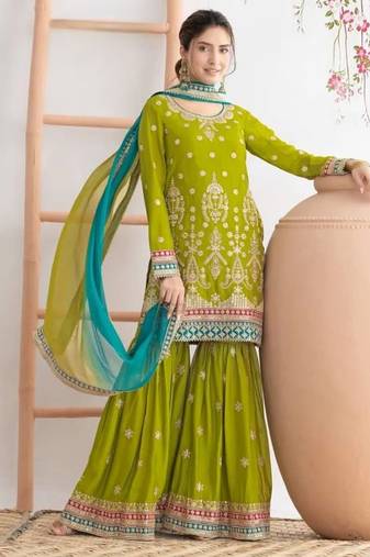 Green airtex chinon embroidered palazzo suit with dupatta