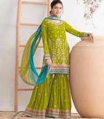 Green airtex chinon embroidered palazzo suit with dupatta