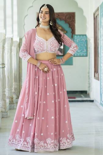 Pink embroidered sequin art silk navratri lehenga choli for Women