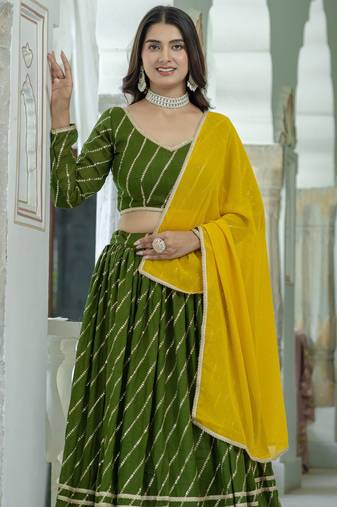 Green embroidered sequin art silk navratri lehenga choli for Women