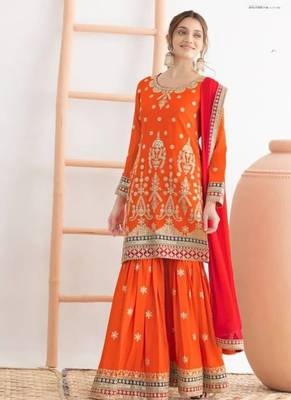 Orange airtex chinon embroidered palazzo suit with dupatta 1