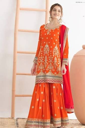 Orange airtex chinon embroidered palazzo suit with dupatta