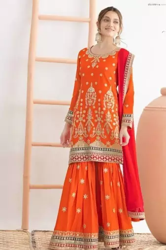 Orange airtex chinon embroidered palazzo suit with dupatta