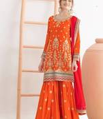 Orange airtex chinon embroidered palazzo suit with dupatta