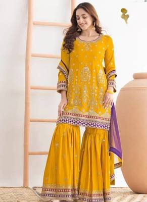 Yellow airtex chinon embroidered palazzo suit with dupatta 1