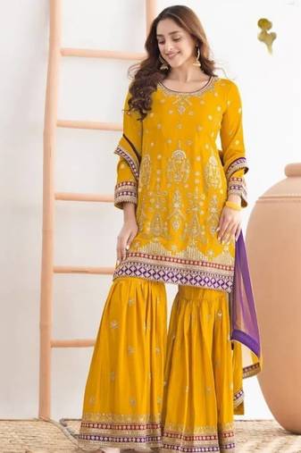 Yellow airtex chinon embroidered palazzo suit with dupatta